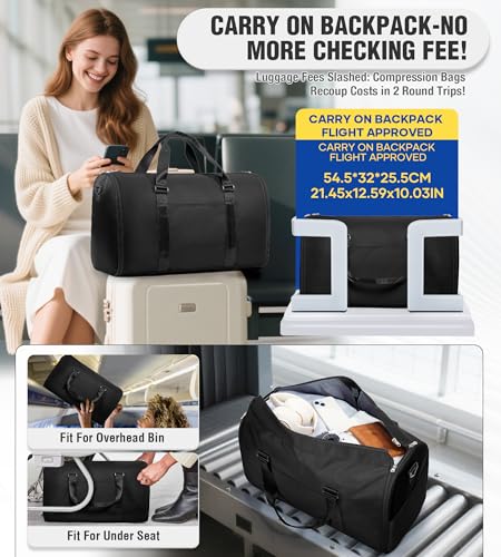 VECAVE Convertible Garment Duffle Bags for Travel, Carry On Garment Bag for Women Men 2 in 1 Hanging Suit Bag, Large Weekender Bags for Business Trip Wedding Hanging Clothes Black2