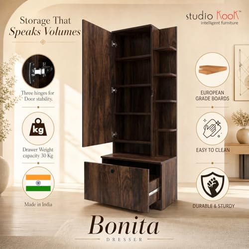 Image of Studio Kook Bonita Dressing Table with Mirror & Storage, Junglewood | Engineered wood dresser with a tall mirror, concealed cabinet, five open shelves and deep 30 kg drawer; 70 x 40 x 180 cm.
