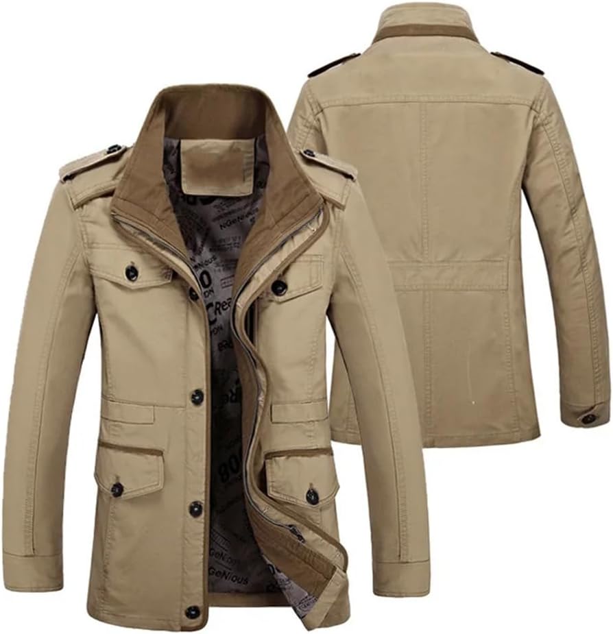 REHJJDFD Men's Casual Jacket Male Fall Washed Business Jackets Cotton Classic Long Jackets Men stand Collar Coat