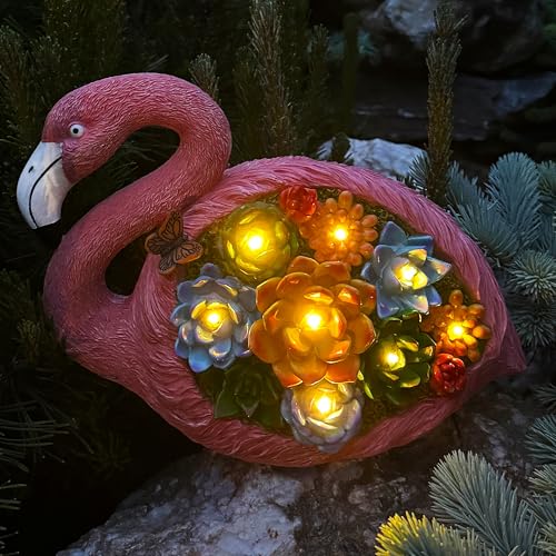 Mood Lab Garden Decor Flamingo Statue 9 Inch Width Solar Figurine 8 LED Solar Lights in Succulent Flowers Yard Patio Lawn Indoor Outdoor Decoration