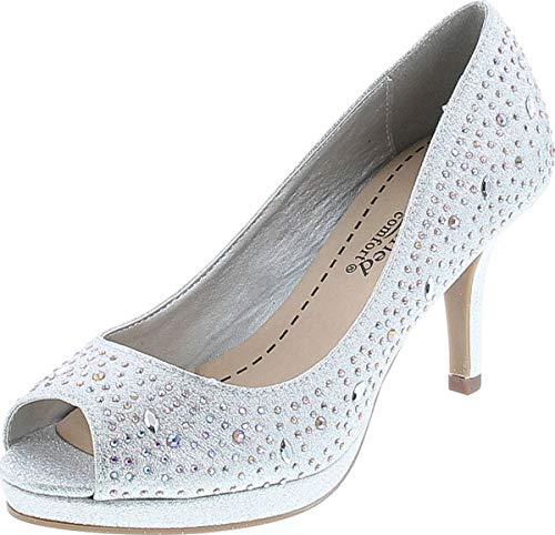 CITYCLASSIFIED Comfort Soft Foam Peep Toe Glitter Rhinestones, High Heel Dress Pump