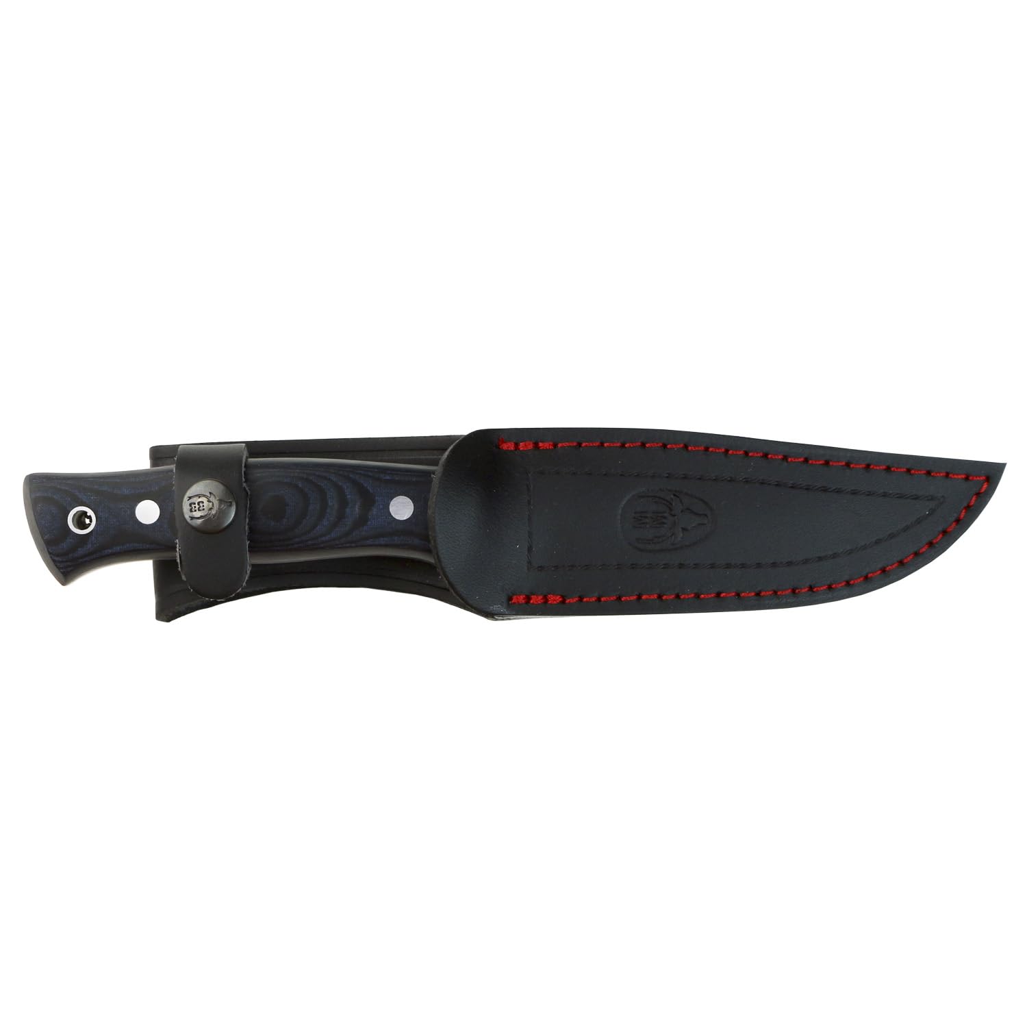 Muela POINTER-12M - Coltello da caccia con manico in Micarta nero e blu, in acciaio MOVA (1.4116), con fodero in pelle nera + biglietto regalo multiuso.