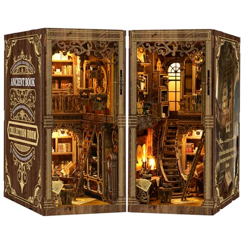 Book Nook Kit DIY Holz – Antike Bibliothek Miniatur Haus mit LED Licht – 3D Puzzle Bücherstütze Regal Deko – Vintage Booknook Geschenk für Erwachsene