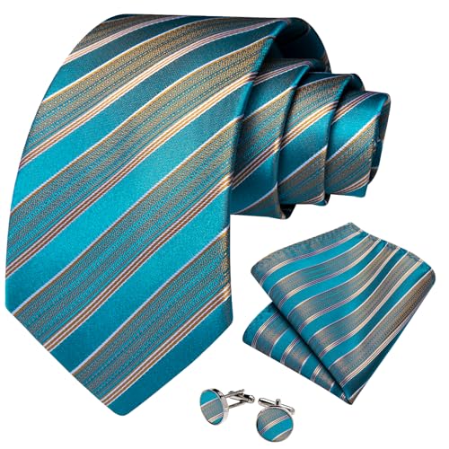 Image of DiBanGu Striped Tie Set for Men Silk Woven Plaid Necktie and Pocket Square Cufflinks Business Wedding