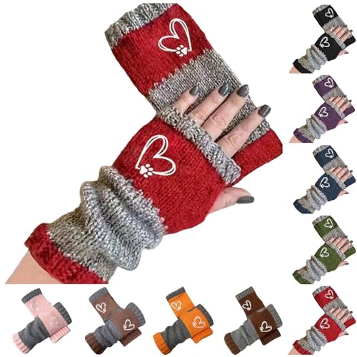 Generisch Guantes sin dedos para mujer, guantes cálidos unisex con dedos abiertos forrados Navidad guantes de punto bordado cálido invierno guantes de punto guantes de invierno A01 rojo talla única