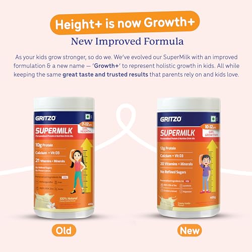 Image of Gritzo SuperMilk Growth+ (10-12y Girl), Creamy Vanilla, 400g | 12g Protein with 20 Vitamins & Minerals | Zero Refined Sugar