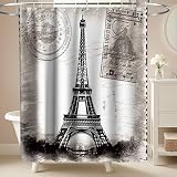 Final Friday French Paris Eiffel Tower City of Love Black White Theme Cloth Fabric Shower Curtain Sets Bathroom & Toilet Decor with Hooks Waterproof Washable 72W x 72H inches Long