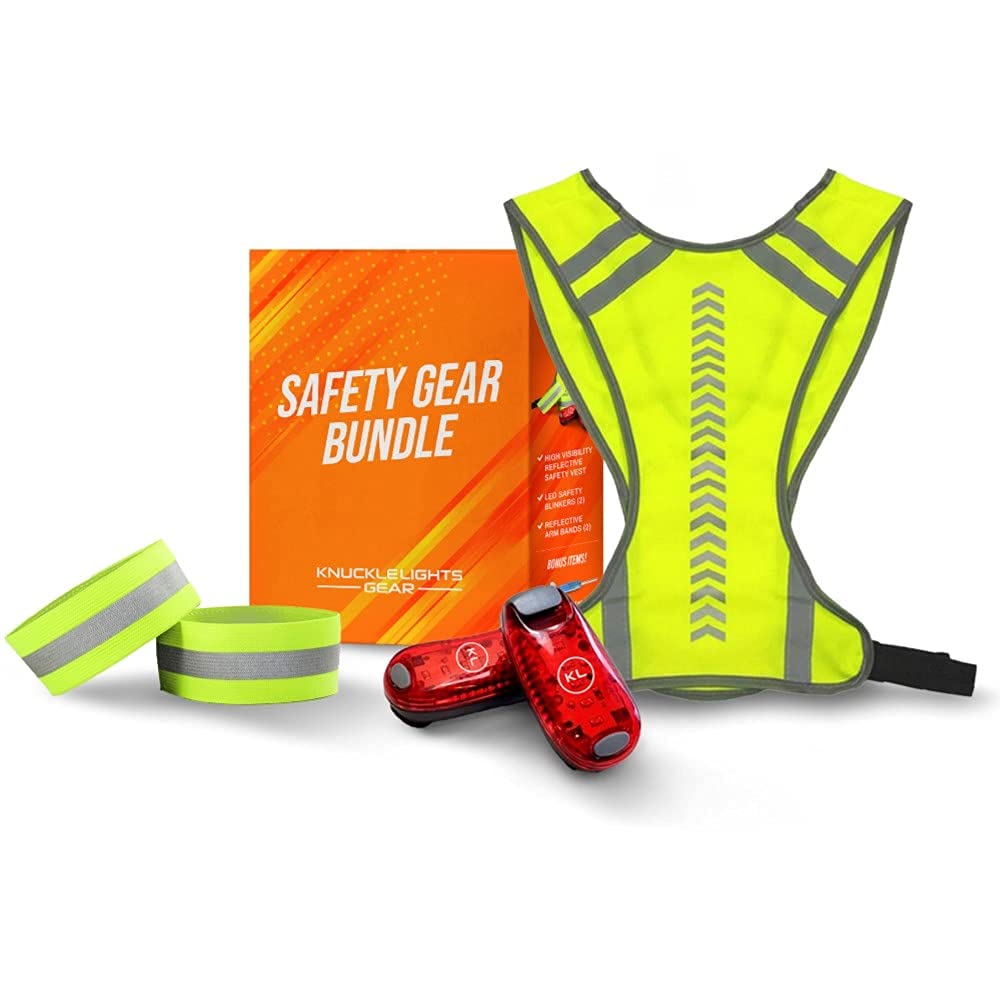 Reflective Running Gear Safety Bundle - Reflective Vest, LED Safety Light, Reflective Bands, Night Safety Gear for Runners, Cycling, Hiking, Walking - High Visibility Reflective Gear