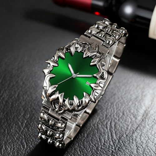 Image of CARLIEN Gothic Claw Watch for Men - Unique Stainless Steel Wristwatch, Luminous Hands, Waterproof Quartz Movement, Futuristic Melting Style, Cool Red & Green Color Options