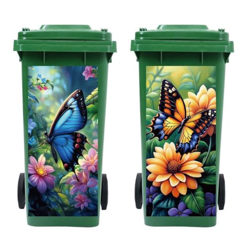 peacoblue Lot de 2 Autocollants Poubelle Extérieure Papillon Et Fleurs 38 x 82cm Autocollant Décoratif de Poubelle Grands Stickers Extérieure Sobre Jardin...