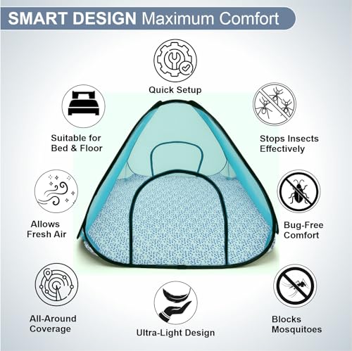 Image of Healthgenie Foldable Mosquito Net for Double Bed, Pop-Up Insect Net with Frame, Portable & Breathable Mesh Canopy for Home & Travel Use (Multicolour- Assorted)