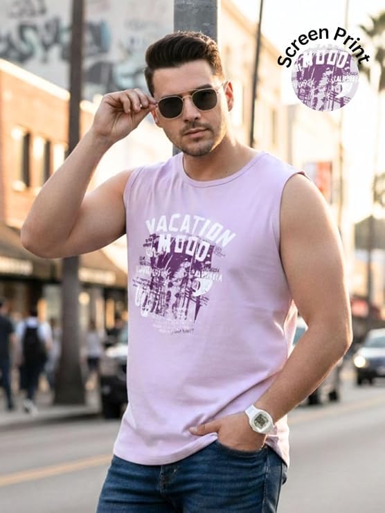 Image of Rigo Stylish Cotton Printed Vest for Men | Round Neck,Regular Fit, Sleeveless T-Shirt Vest for Men | Casual Innerwear Sando for Men & Boys - Perfect for Workouts Gym, Vacations, and Beaches