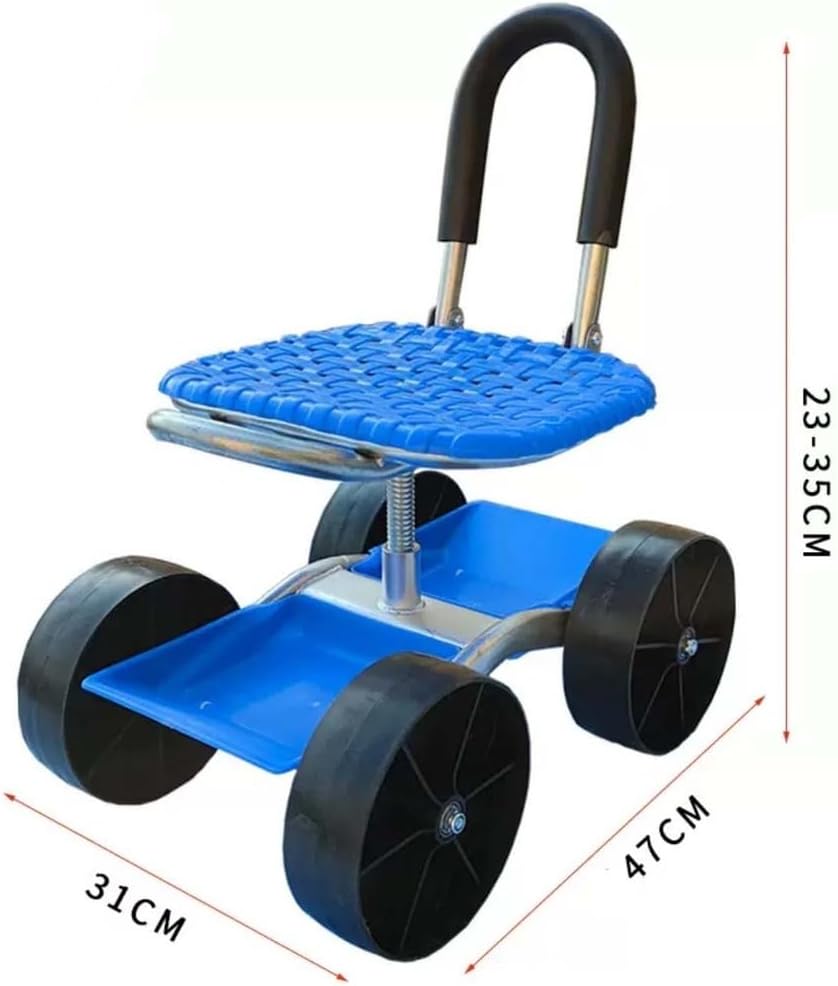 Foldable 4-Wheel Garden Stool, Mobile Gardening Seat, 2 Tool Trays, 360 Swivel Garden Seat, Adjustable Height Garden Stool, Outdoor Yard Work Seat, Planting Weeding Tool, Rolling Garden Cart