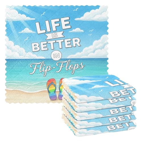 Image of Cotton Kitchen Dish Cloths, Life is Better in Flip-Flops Inspiration Quote on Ultra Soft Absorbent Quick Drying Dish Towels, 11 x 11 Inches, 6-Pack, Reusable Cleaning Cloths