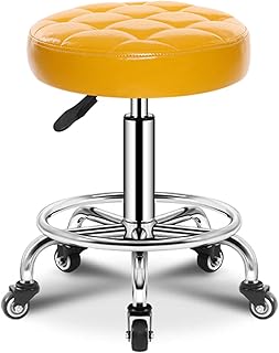 NYTA PU Leather Round Rolling Stool with Foot Rest Swivel Height Adjustment Spa Bar Stool Salon Tattoo Work Office Massage Stools Task Chair Yellow