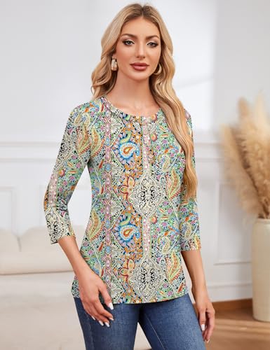 LOMON 3/4 Length Sleeve Womens Tops Dressy Casual Crewneck Pullover Tunics Summer Cute Blouses Fashion 2025 Tees Shirts4