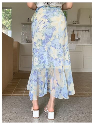 Milumia Women's Boho Floral Wrap Maxi Skirt Tie Knot Ruffle Hem Split Midi Skirt2