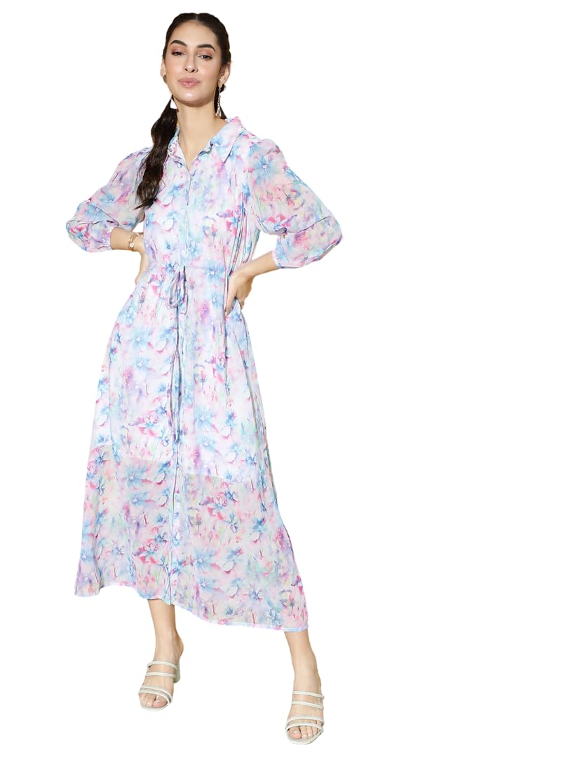 Athena Lifestyle Women and Girls Georgette Regular Fit and Flare Collar Block Print Maxi Full-Length Blue Casual Dress Athena Lifestyle Women and Girls Georgette Regular Fit and Flare Collar Block Print Maxi Full-Length Blue Casual Dress