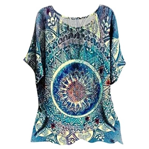 Womens Turtleneck Long Sleeve Tops Women Casual Round Neck Printed Short Sleeve T Shirt (Blue, S) Cover