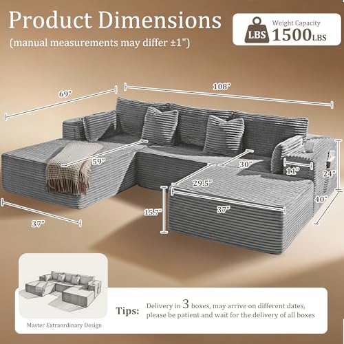Image of Cloud Modular Sectional Sofa Couch, Boneless Couch, Deep Seat for Living Room, No Assembly, Minimalist Modular Sofa, Corduroy (Light Grey, 2 Seater + Left Facing Chaise + Ottoman)