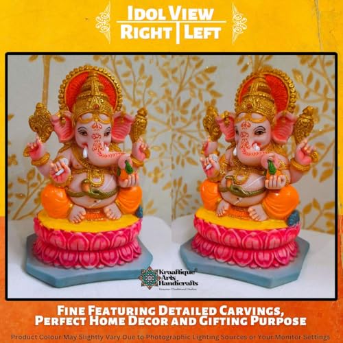 Image of Lotus Seated Ganesh Idol | Ganesh Sitting on Lotus Flower Murti | Divine Ganpati Murti for Home Mandir & Office Decor | Ganpati Murti for Puja & Gifting (Marble,15 CM)