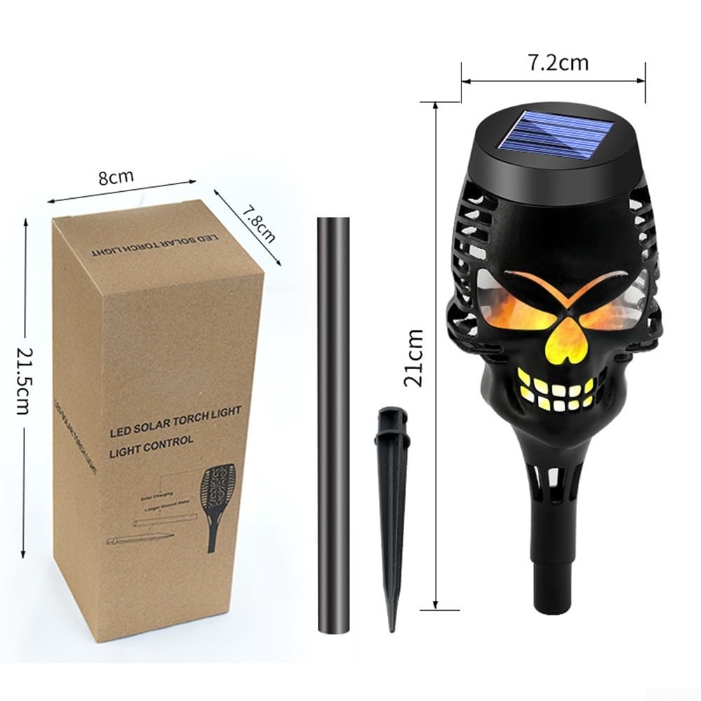 8 x Solar-Fackel-Lichter, Halloween-Totenkopf-Flamme, LED-Gartendekoration, IP65 wasserdicht, für den Außenbereich, Wegpfähle für Party, Hof