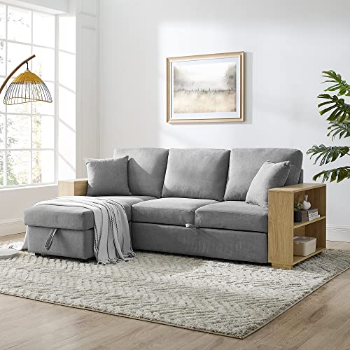 Merax Sectional Sofa With Pull-Out Bed, Reversible Storage Chaise And 2 Shelf Armrest, Convertiable Upholstered Sofa Couch With 2 Pillows For Living Room, Grey #TOP2