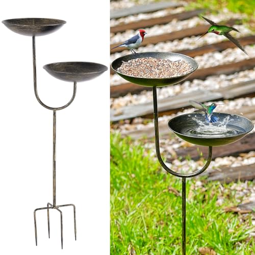 YiLifebes Outside Metal Bird Bath, 39.3”H Tall Bird Bath and Feeder Combo, 2 Tier Decorative Free Standing Birdbath Bowl, Vintage Gold Birdbaths Feeders with Stakes for Outdoors Garden Yard