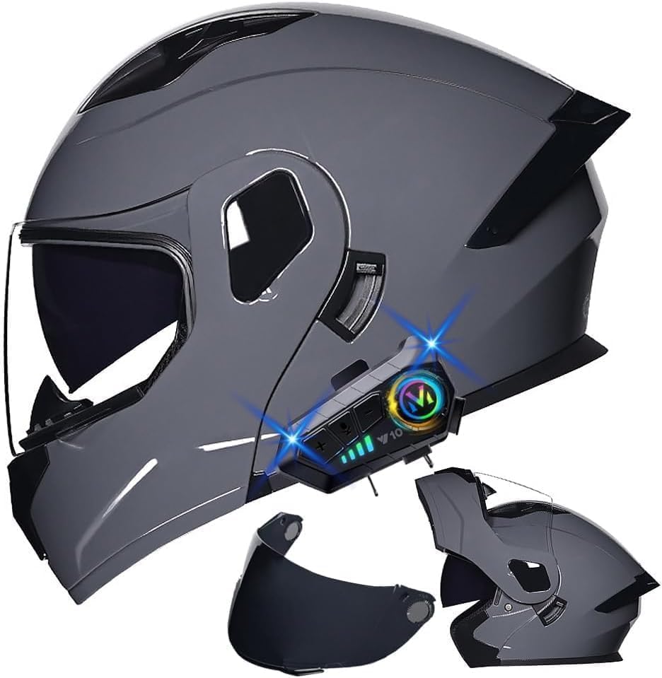 Bluetooth Modular Motorcycle Helmet with Tail DOT/ECE Approved Flip Up Front Helmets Dual Anti-Fog Visors Full Face Helmet Built-in Mp3 Integrated for Adults Men Women