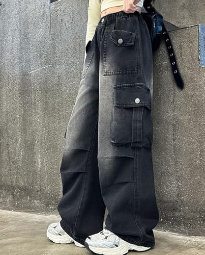 Trendy Girls Baggy Pants Wide Leg Denim Streetwear Casual Cargo Trousers Comfortable High Waist Fashionable4