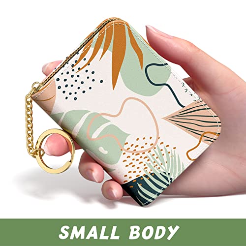 Image of Aiawoxc Credit Card Holder for Women, Small RFID Wallet Slim Leather Card Organizer Case with Zipper and Keychain, Boho Leaves