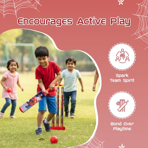 Image of Amazon Brand - Jam & Honey Spiderman Cricket Set 3+ Years, Complete Kids Cricket Kit with Bat, Ball, Stumps & Bails, Indoor Outdoor Sports Toy for Boys & Girls, BIS Certified, Non-Toxic, Multicolour