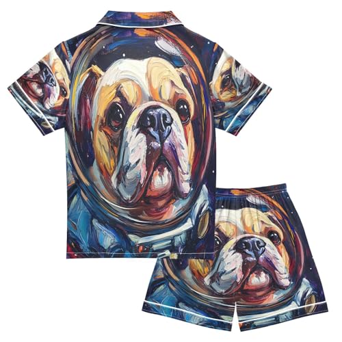 ALAZA Bulldog Dog Astronaut Oil Painting Satin Pajamas Set Short Sleeve Button Down Sleepwear Summer Pjs 2 Piece2