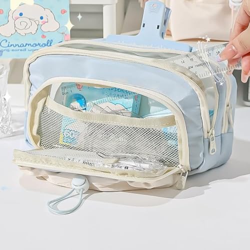 Image of Zibuyu 3-Layer Pencil Case for School - Aesthetic Blue Pen Organizer with Multi Compartments, Soft Cloth Stationery Pouch for Students, 21x13x10cm Storage Bag