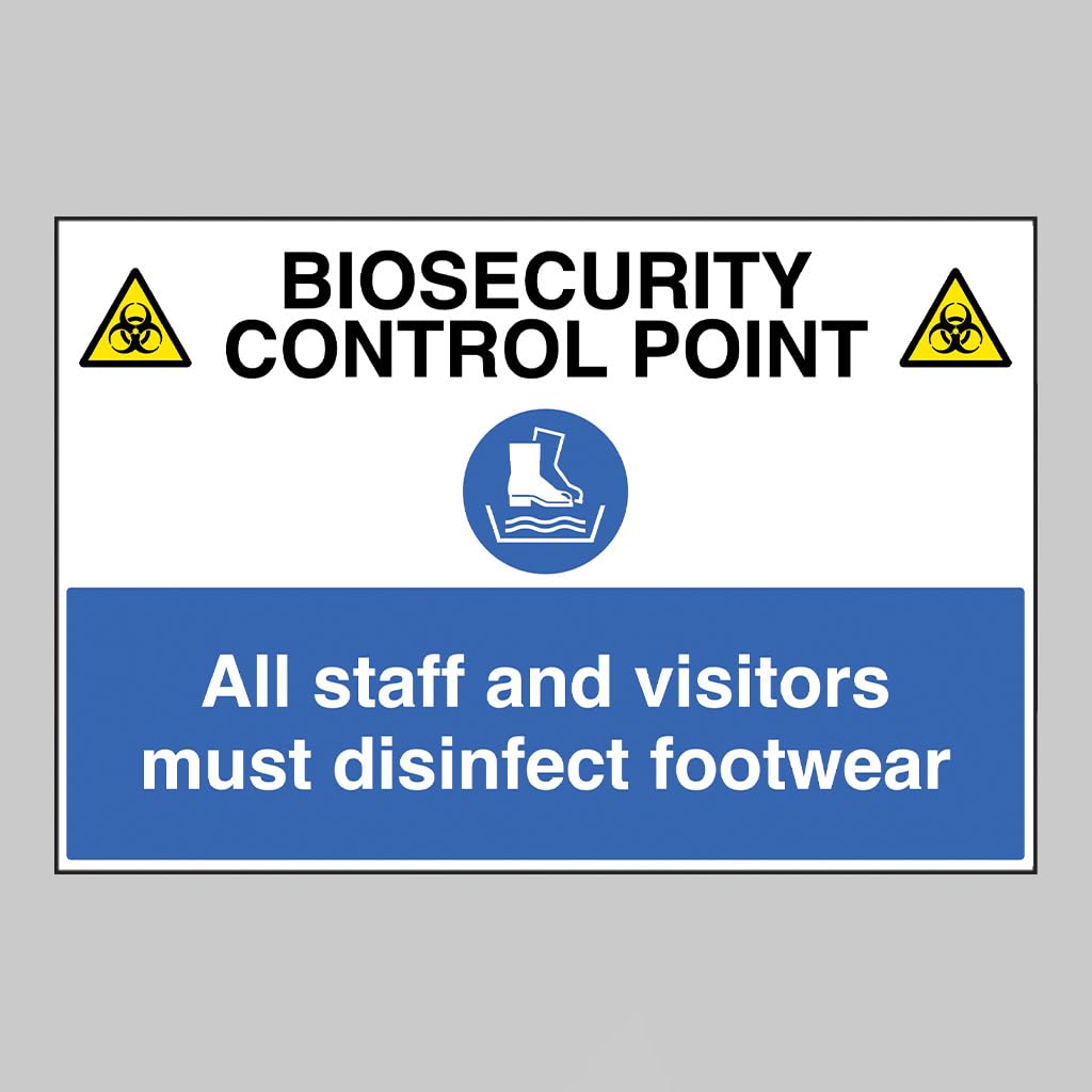Biosecurity control point All staff and visitors must disinfect footwear Size: (600x450mm) Semi Rigid PVC Safety Sign by Caledonia Signs