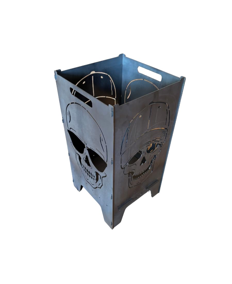 Lehnert Feuertonne Totenkopf Sonnenbrille Cap 74 cm aus 3 mm Stahlblech Feuerkorb Feuerschale Feuerstelle mit 2 Totenkopf Motiven, große Massive und Feuerfeste Feuerstelle für Garten und Terrasse