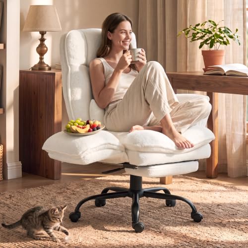 Image of Wider Seat Office Chair with Flip Armrests for Criss Cross Legged&Cats, Big and Tall Executive Ergonomic Reclining Chair with Footrest&Lumbar Pillow, Teddy Fleece Desk Chair, White Vanity Chair