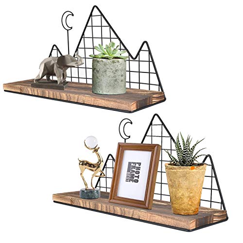 Image of Homode Floating Shelves, Set of 2 Mountain Wall Shelves, Rustic Wood Display Storage Shelf with Metal Wire, Geometric Decor for Bathroom, Nursery, Bedroom, Office