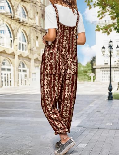 Image of YESNO Women's Overalls Cotton Boho Casual Floral Bib Jumpsuit Baggy Adjustable Strap Romper with Pockets PVV