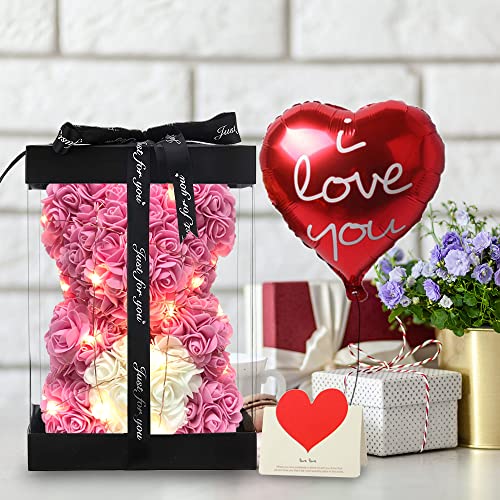 Mom Gifts Rose Bear Teddy Bear Artificial Rose Bear, Forever Rose Everlasting Flower Rose Bear with Fully-Assembled Gift Box, Anniversary (10", Pink)