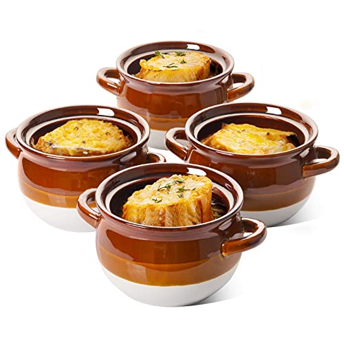 Comparison: Best French Onion Soup Crocks 10 LE TAUCI French Onion Soup Bowls with Handles, 22 Ounce Ceramic French Onion Soup Crocks Oven Safe Serving Bowls for Soup, Chili, Beef Stew, Cereal, Pot Pies, Set of 4