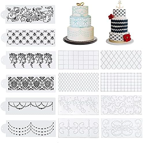 BINBE 14 Pcs Cake Decorating Stencils Floral Wedding Cake Stencil Floral Cake Templates Spray Floral Cake Molds Hollow Lace Cake Decoration Molds DIY Baking Decor Mold for Cake Decoration