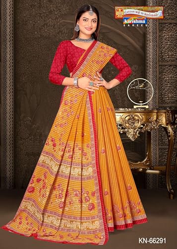 Image of Karishma Pure Cotton Mulmul (Stiff) Saree With Floral Print And Small Border. (Yellow)