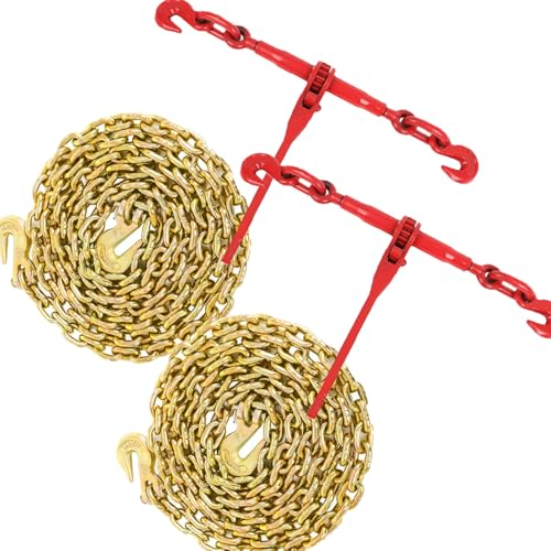 Image of 2 Pack 3 /8 inch to 1 /2 inch Heavy Duty Ratchet Chain Binder with G80 3 /8 inch x 10FT Chains, 5400 Lbs Work Load Limit G80 Chains for Flatbed Truck Trailers and Hauling Applications
