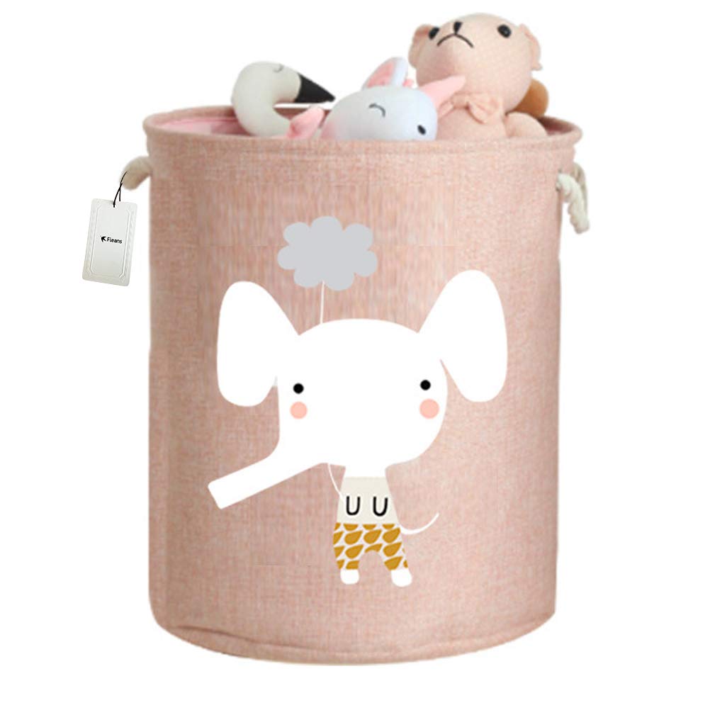 Fieans Nursery Toys Storage Basket Large Foldable Thickened Kids Laundry Basket Bin Clothes Hamper with Drawstring Closure - Pink Elephant