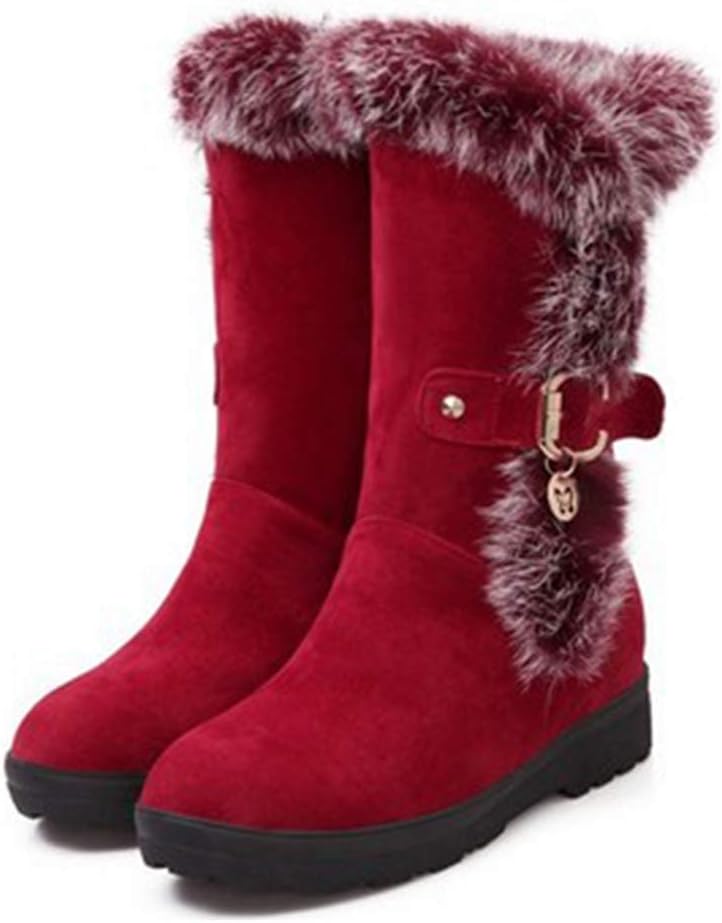 MIOKE Women's Winter Fur Snow Boots Waterproof Mid Calf Suede Buckle Slip On Platform Wide Warm Snow Boot