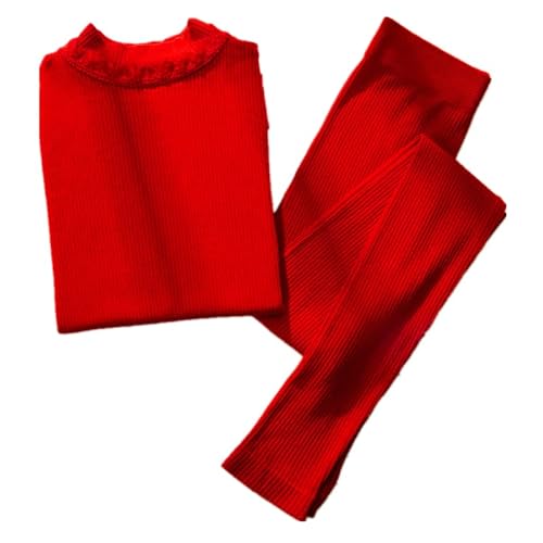 MYAMIA Herbstkleidung und Hosen für Frauen Spitzenausschnitt Manschette Mittelhals Acrylheizungsseide Dünner Warmer Anzug Unterzieher-Rot Cover