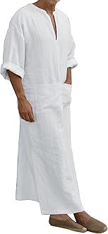Kaftan Thobe Mens Short Sleeve V-Neck Linen Robe Big and Tall Muslim Robe Casual Loose Lightweight Long Sleeping Gown