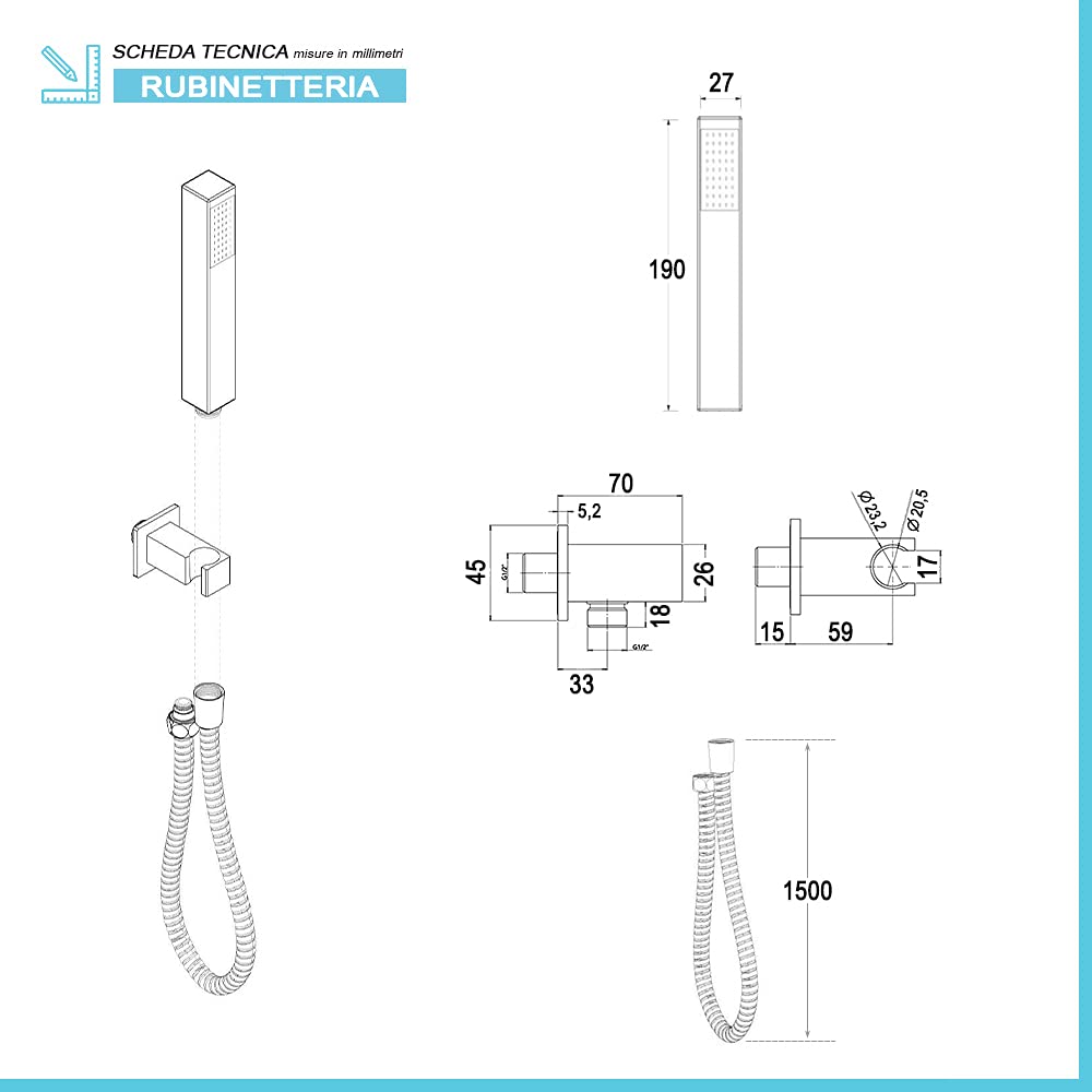 Kit Doccia Incasso Completo di doccino in ABS, Include Presa d’Acqua con Supporto e Flessibile