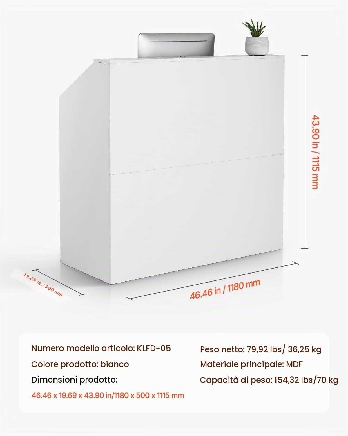 VEVOR Banco Reception 1180 x 500 x 1115 mm Tavolo da Banco Rettangolare, Tavolo di Vendita per Ufficio, Reception per Ufficio, per Cassa, Hall, Salone di Bellezza, Facile da Installare, Bianco